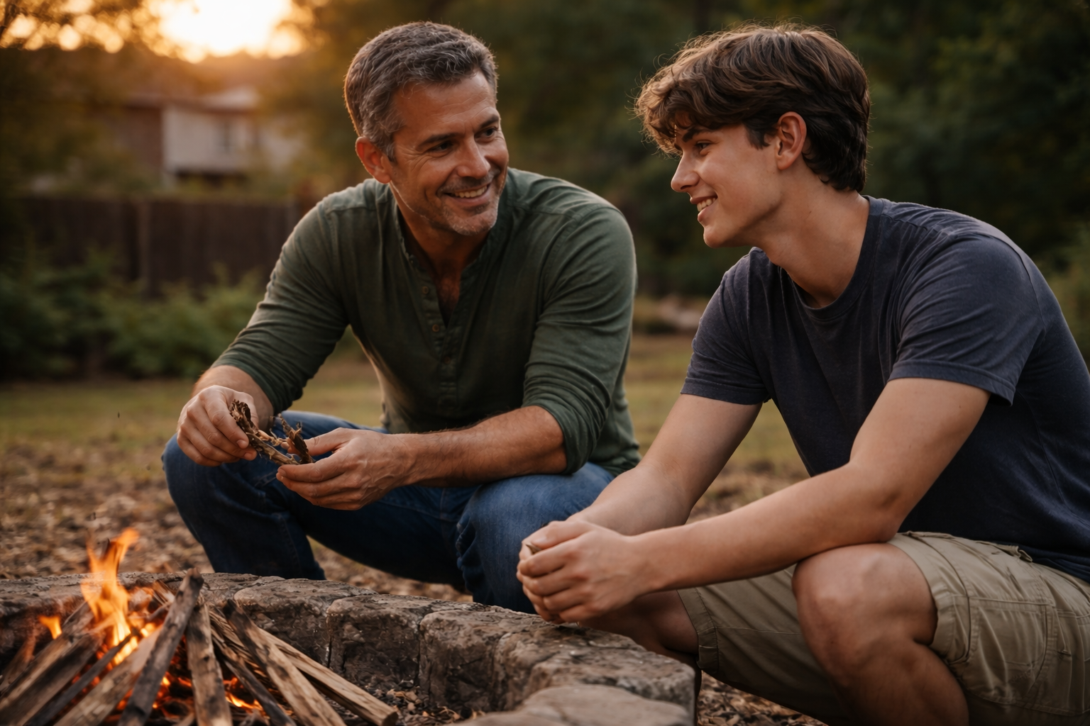 father and son by campfire
